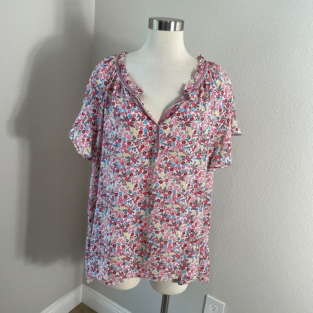 Max Studio Womens Plus 3X Floral Ruffle V Neck Tunic Top Short Sleeve‎ Blouse